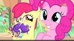 Size: 1920x1080 | Tagged: safe, screencap, apple bloom, pinkie pie, earth pony, pony, hearthbreakers, adorabloom, cute, eating, female, filly, looking back, mare, messy, messy eating, smiling