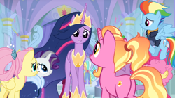 Size: 1364x768 | Tagged: safe, derpibooru import, screencap, fluttershy, li'l cheese, luster dawn, princess twilight 2.0, rainbow dash, rarity, twilight sparkle, twilight sparkle (alicorn), alicorn, pegasus, pony, unicorn, the last problem, archway, column, crown, jewelry, older, older fluttershy, older rainbow dash, older rarity, older twilight, peytral, regalia, stained glass, throne room