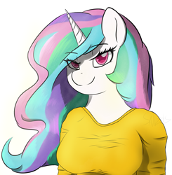 Size: 1001x1020 | Tagged: safe, artist:sanzols, princess celestia, anthro, clothes, shirt, simple background, smiling, solo