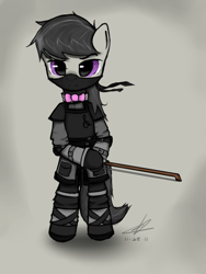 Size: 550x730 | Tagged: safe, artist:a17spartan768, octavia melody, earth pony, pony, bipedal, bow (instrument), clothes, costume, ninja, sword, weapon