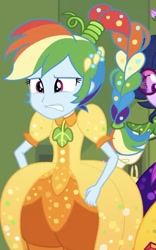 Size: 408x655 | Tagged: safe, derpibooru import, screencap, rainbow dash, sci-twi, twilight sparkle, better together, equestria girls, holidays unwrapped, clothes, cornucopia costumes, costume, cropped, cute, o come all ye squashful, ponytail, rainbow dash always dresses in style, solo focus