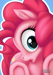 Size: 955x1351 | Tagged: safe, artist:mysticalpha, pinkie pie, earth pony, pony, against glass, cute, diapinkes, glass, patreon, solo, stare, underhoof