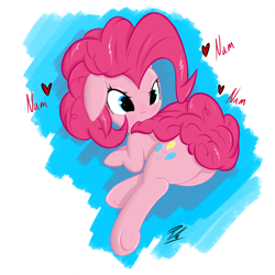 Size: 1000x1000 | Tagged: safe, artist:pilla, pinkie pie, earth pony, pony, :3, blushing, chasing own tail, chewing, cute, diapinkes, female, floppy ears, heart, mare, nom, smiling, solo, tail bite, underhoof