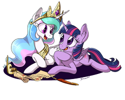 Size: 1000x800 | Tagged: safe, artist:tehflah, princess celestia, twilight sparkle, twilight sparkle (alicorn), alicorn, pony, checklist, crown, ear fluff, eye contact, eyeshadow, female, jewelry, lesbian, looking at each other, makeup, open mouth, peytral, prone, quill, regalia, scroll, shipping, simple background, transparent background, twilestia