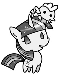 Size: 789x963 | Tagged: safe, artist:sechst_himmel, derpibooru import, spike, twilight sparkle, dragon, chibi, grayscale, monochrome, pixiv