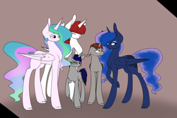 Size: 3000x2000 | Tagged: safe, artist:cyrinthia, princess celestia, princess luna, oc, oc:fausticorn, alicorn, pony, unicorn, glasses, grumpy, simple background, smiling