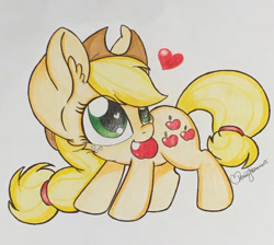 Size: 2428x2174 | Tagged: safe, artist:pvrii, applejack, earth pony, pony, apple, food, heart, large ears, mouth hold, solo, traditional art