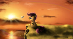 Size: 1920x1034 | Tagged: safe, artist:neko-me, derpibooru import, scootaloo, feather, implied rainbow dash, rainbow trail, scenery, scootalone, solo, sunset, wallpaper