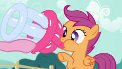 Size: 1280x720 | Tagged: safe, screencap, pinkie pie, scootaloo, earth pony, pony, the one where pinkie pie knows, baby bottle, cutie mark, the cmc's cutie marks