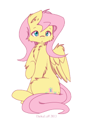 Size: 317x434 | Tagged: safe, artist:daikaluff, fluttershy, pegasus, pony, chest fluff, ear fluff, fluffy, raised hoof, simple background, sitting, solo, transparent background