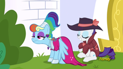 Size: 1920x1080 | Tagged: safe, derpibooru import, screencap, rainbow dash, rarity, pegasus, pony, unicorn, sparkle's seven, alternate hairstyle, detective rarity, discovery family logo, fedora, megara, megaradash, sadism, trenchcoat