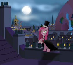 Size: 1024x921 | Tagged: safe, artist:vector-brony, pinkie pie, earth pony, pony, canterlot, cape, clothes, cosplay, costume, crossover, dr jekyll and mr hyde, full moon, green eyes, hat, inkscape, looking at you, moon, mr hyde, night sky, pinkamena diane pie, solo, top hat