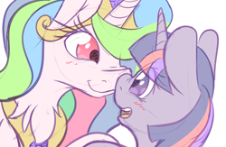 Size: 1280x832 | Tagged: safe, artist:fluffyxai, princess celestia, twilight sparkle, alicorn, pony, blushing, boop, cute, cutelestia, female, hoof hold, lesbian, looking at each other, noseboop, scrunchy face, shipping, simple background, twiabetes, twilestia, white background