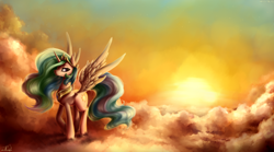 Size: 4400x2450 | Tagged: safe, artist:whit3-dr4g0n, princess celestia, alicorn, pony, absurd resolution, cloud, signature, solo, spread wings, sunrise