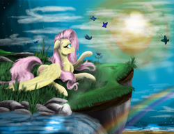 Size: 6732x5208 | Tagged: safe, artist:vinicius040598, fluttershy, butterfly, pegasus, pony, absurd resolution, dusk, rainbow, river, solo, stream, twilight (astronomy)