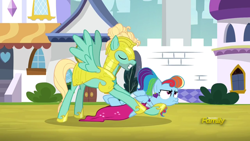 Size: 1920x1080 | Tagged: safe, derpibooru import, screencap, rainbow dash, zephyr breeze, pegasus, pony, sparkle's seven, dexterous hooves, discovery family logo, duckface, grumpy, holding a pony, hoof shoes, imminent rape, imminent sex, megaradash, out of context, pervert, royal guard zephyr breeze, this will end in pain, this will end in tears