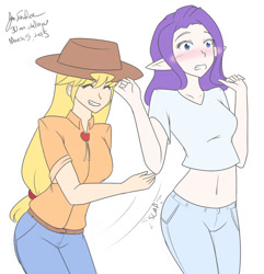 Size: 800x830 | Tagged: safe, artist:jonfawkes, applejack, rarity, human, 30 minute art challenge, applejack is a spankaholic, belly button, blushing, clothes, elf ears, female, humanized, jeans, lesbian, midriff, pants, rarijack, shipping, spanking, unicorns as elves