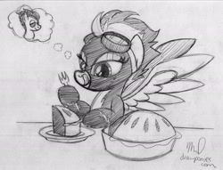 Size: 3012x2298 | Tagged: safe, artist:drawponies, derpibooru import, soarin', spitfire, apple pie, fork, pie, shipping, sketch, soarinfire