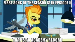 Size: 640x360 | Tagged: safe, derpibooru import, spitfire, wonderbolts academy, academy record, caption, desk, image macro, meme, office, solo, window