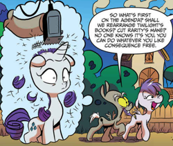 Size: 494x416 | Tagged: safe, artist:jay fosgitt, idw, discord, princess celestia, rarity, alicorn, pegasus, pony, unicorn, spoiler:comic, spoiler:comic50, comic, electric razor, for the pony who has everything, haircut, pony discord, shaved, shaver, this will end in tears and/or death