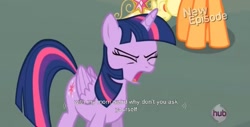 Size: 1577x799 | Tagged: safe, screencap, applejack, twilight sparkle, twilight sparkle (alicorn), alicorn, earth pony, pony, big crown thingy, female, mare, meme, youtube caption