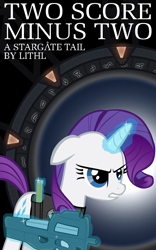 Size: 682x1091 | Tagged: safe, artist:totallynotabronyfim, rarity, pony, unicorn, clothes, cover art, female, floppy ears, mare, p90, solo, stargate, vest, weapon