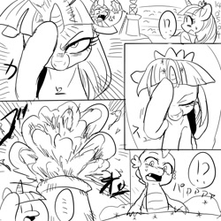 Size: 1000x1000 | Tagged: safe, artist:nekubi, derpibooru import, spike, twilight sparkle, twilight sparkle (alicorn), alicorn, dragon, pony, equestria games (episode), equestria games, female, mare, monochrome, scene interpretation