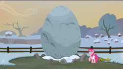 Size: 1920x1080 | Tagged: safe, screencap, pinkie pie, earth pony, pony, hearthbreakers, boulder, female, fence, frown, holder's boulder, mare, open mouth, raised hoof, saddle bag, snow, solo, tree, winter