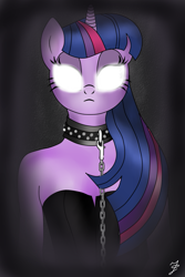 Size: 683x1024 | Tagged: safe, artist:reborn-f, derpibooru import, twilight sparkle, anthro, clothes, collar, glowing eyes, solo