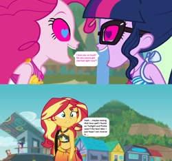 Size: 1160x1086 | Tagged: safe, edit, edited screencap, editor:thomasfan45, screencap, pinkie pie, sci-twi, sunset shimmer, twilight sparkle, better together, equestria girls, forgotten friendship, friendship math, 1000 hours in ms paint, comic, excited, female, geode of empathy, geode of sugar bombs, geode of telekinesis, heart eyes, hypno eyes, lesbian, love spell, magical geodes, mind control, solo, speech bubble, story included, twinkie, wingding eyes