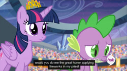 Size: 1366x768 | Tagged: safe, derpibooru import, screencap, spike, twilight sparkle, twilight sparkle (alicorn), alicorn, dragon, pony, equestria games (episode), equestria games, female, hub logo, mare, meme, new crown, youtube caption