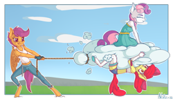 Size: 2100x1200 | Tagged: safe, artist:neko-me, apple bloom, scootaloo, sweetie belle, anthro, unguligrade anthro, apple bloom's bow, apple bloomers, bandeau, boobaloo, bow, breasts, clinging, clothes, cloud, cutie mark crusaders, dress, evening gloves, eyes closed, female, fingerless gloves, gloves, hair bow, lasso, long gloves, midriff, older, pants, pulling, rope, scrunchy face, shorts, sitting, smiling, stockings, sweetie boobs, tanktop, thigh highs
