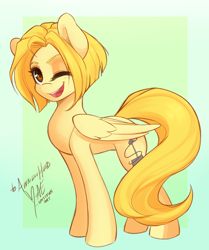 Size: 1280x1530 | Tagged: safe, artist:spittfireart, derpibooru import, spitfire, anneli heed, cute, ponified, solo, voice actor, wink