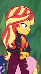 Size: 547x976 | Tagged: safe, screencap, applejack, fluttershy, sci-twi, sunset shimmer, twilight sparkle, better together, equestria girls, sunset's backstage pass!, clothes, cropped, female, geode of empathy, jacket, magical geodes, outdoors