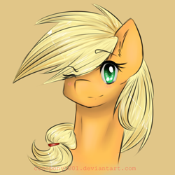 Size: 1000x1000 | Tagged: safe, artist:cocopony1001, applejack, earth pony, pony, blushing, hatless, missing accessory, solo, wink