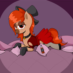 Size: 5000x5000 | Tagged: safe, artist:waffletheheadmare, oc, oc only, oc:whiskey river, pony, alcohol, bed, clothes, dress, eyelashes, eyeshadows, jewelry, lidded eyes, looking at you, makeup, necklace, pillow, redhead, shoes, simple shading, smiling, socks, stockings, thigh highs, whiskey