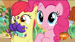 Size: 1920x1080 | Tagged: safe, screencap, apple bloom, pinkie pie, earth pony, pony, hearthbreakers, messy, messy eating, puffy cheeks