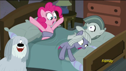 Size: 1920x1080 | Tagged: safe, edit, edited screencap, screencap, limestone pie, marble pie, pinkie pie, earth pony, pony, hearthbreakers, bed, female, mare, meme, niblet, pie family home, pillow, pound puppies, secret butt fun