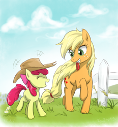 Size: 888x957 | Tagged: safe, artist:ta-na, apple bloom, applejack, earth pony, pony, accessory swap, loose hair, mouth hold, sisters