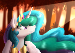 Size: 7234x5116 | Tagged: safe, artist:simonk0, princess celestia, alicorn, pony, absurd resolution, autumn, crepuscular rays, forest, smiling, solo