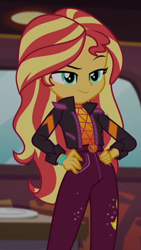 Size: 386x685 | Tagged: safe, screencap, sunset shimmer, better together, equestria girls, sunset's backstage pass!, clothes, cropped, female, geode of empathy, jacket, magical geodes, solo