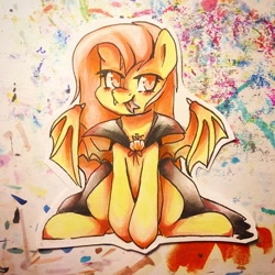 Size: 640x640 | Tagged: safe, artist:y0wai, fluttershy, bat pony, pony, cape, clothes, flutterbat, sitting, solo, spread wings, tongue out, traditional art