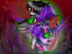 Size: 2048x1536 | Tagged: safe, artist:silverangel30, derpibooru import, king sombra, twilight sparkle, unicorn twilight, pony, unicorn, corrupted, corrupted twilight sparkle, corruption of magic, dark magic, duo, fangs, magic, possessed, possession, sombra eyes