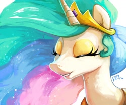 Size: 1280x1067 | Tagged: safe, artist:r0b0tassassin, princess celestia, alicorn, pony, bust, eyes closed, happy, open mouth, portrait, simple background, smiling, solo, white background