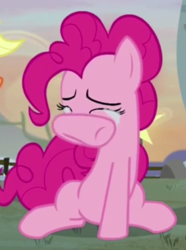 Size: 297x400 | Tagged: safe, screencap, pinkie pie, earth pony, pony, hearthbreakers, cropped, crying, eyes closed, female, mare, sad, sitting, solo, underhoof