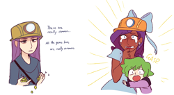 Size: 1118x611 | Tagged: safe, artist:mimimonlon, maud pie, rarity, spike, human, rock solid friendship, crying, dark skin, gem, helmet, humanized, scene interpretation, shocked