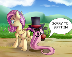 Size: 4000x3139 | Tagged: safe, artist:discorded, fluttershy, pegasus, pony, the one where pinkie pie knows, cloud, female, flower, fluffy, flutterbutt, grass, groucho mask, hat, mare, plot, pun, sky, solo, top hat