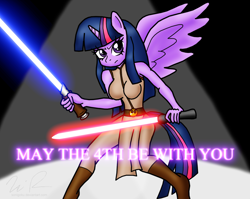 Size: 1576x1256 | Tagged: safe, artist:sonigoku, derpibooru import, twilight sparkle, twilight sparkle (alicorn), alicorn, anthro, breasts, cosplay, crossover, female, headlight sparkle, jedi, lightsaber, may the fourth be with you, pun, solo, star wars