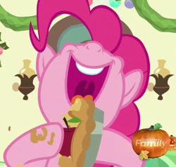 Size: 493x470 | Tagged: safe, screencap, pinkie pie, earth pony, pony, hearthbreakers, apple, open mouth, out of context, pie, solo, volumetric mouth