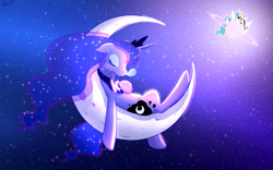 Size: 1920x1200 | Tagged: safe, artist:phoenixperegrine, princess celestia, princess luna, alicorn, pony, binoculars, blushing, crescent moon, drool, eyes closed, floppy ears, moon, on back, sleeping, snot bubble, space, spying, stars, tangible heavenly object, wallpaper